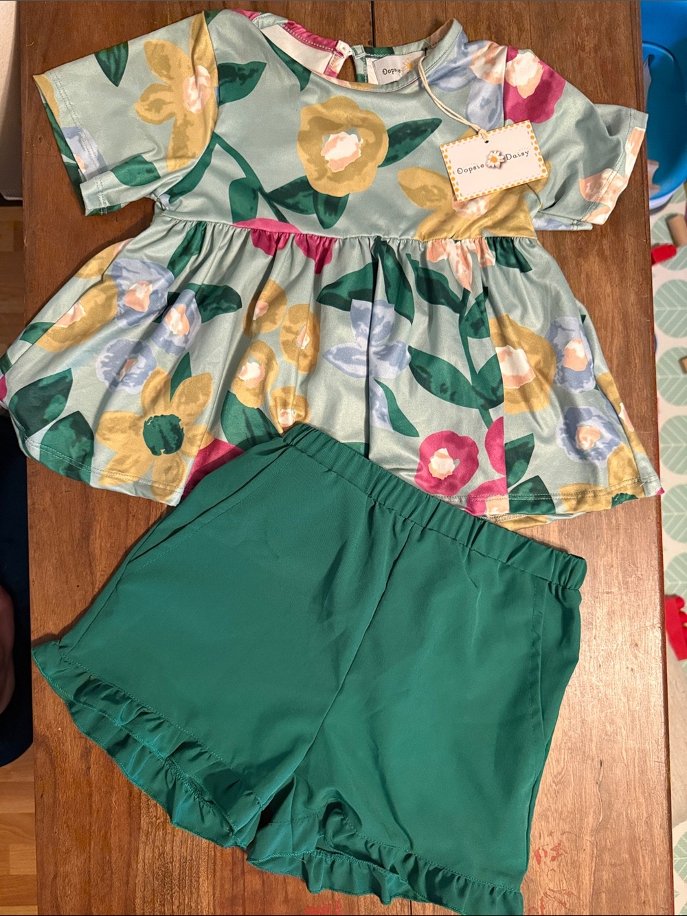 Boutique Floral Peplum Top & Green Ruffle Shorts Set